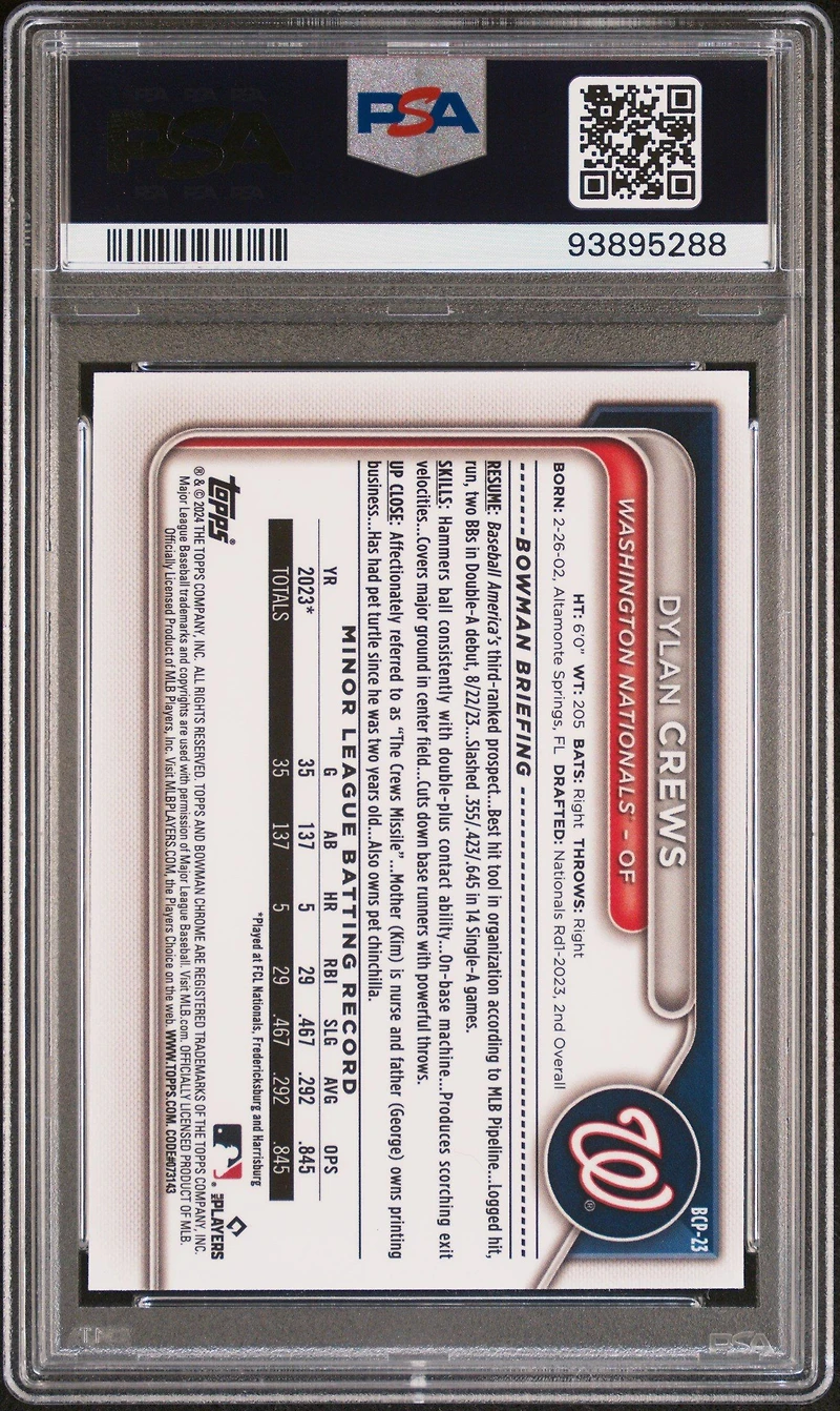 2024 Bowman Chrome Prospects Bcp23 Dylan Crews Lunar Glow Refractor PSA 9