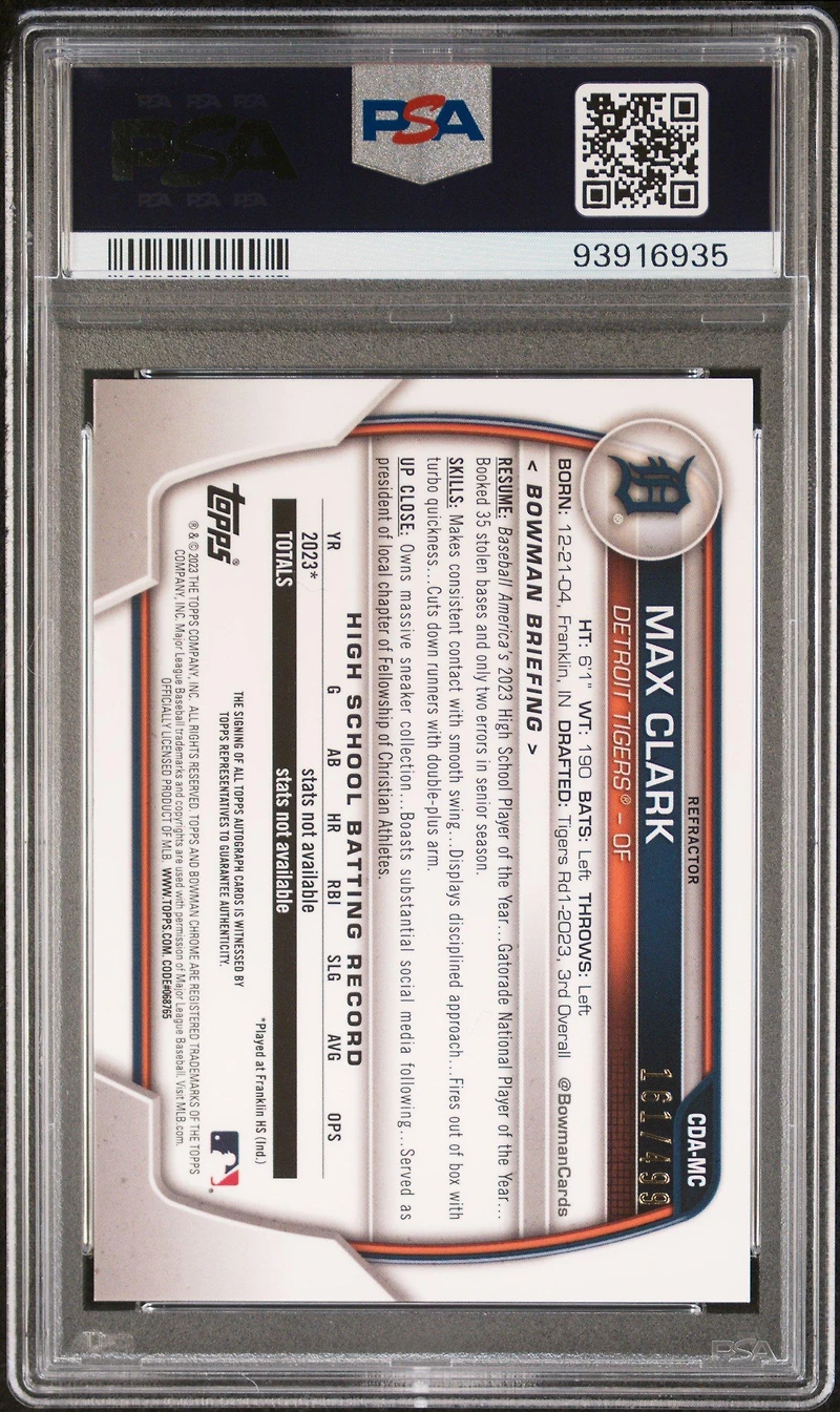 2023 Bowman Draft Chrome Prospect Autograph Cdamc Max Clark Refractor PSA 10