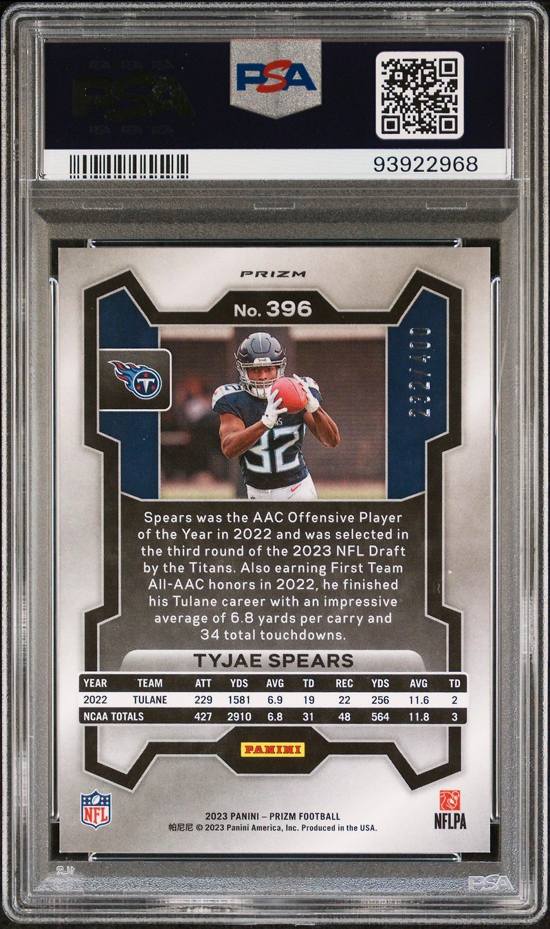 2023 Panini Prizm 396 Tyjae Spears Pandora PSA 9
