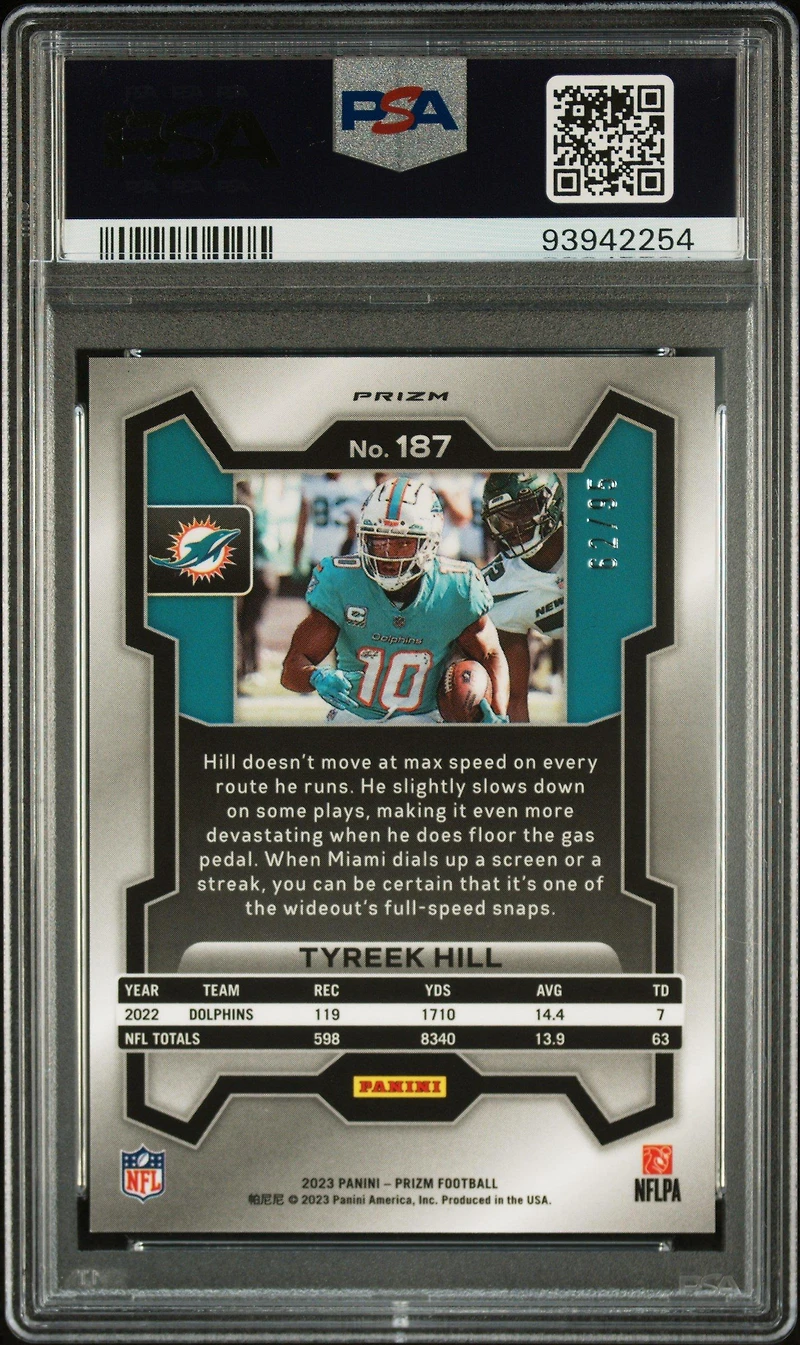 2023 Panini Prizm 187 Tyreek Hill No Huddle Blue PSA 10