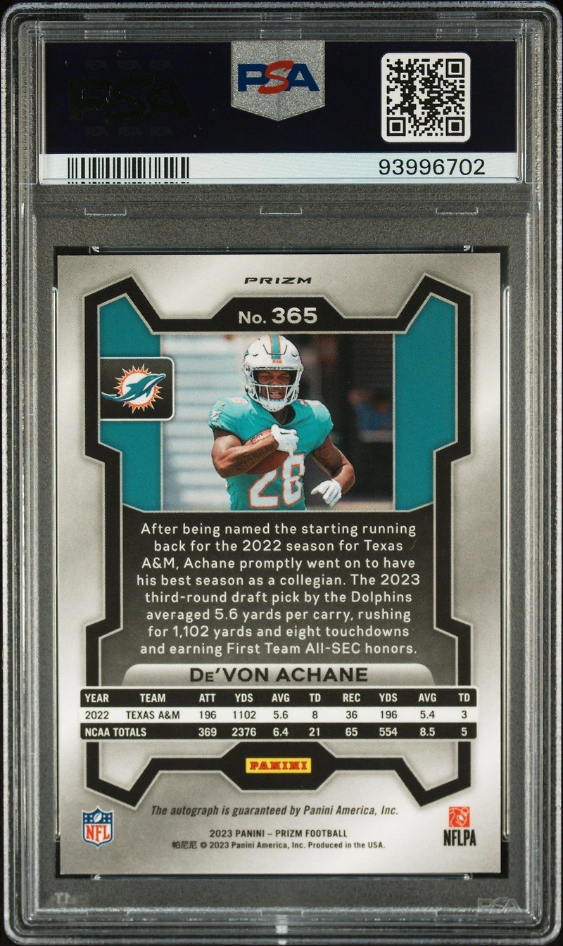 2023 Panini Prizm 365 De'von Achane Autograph PSA 10