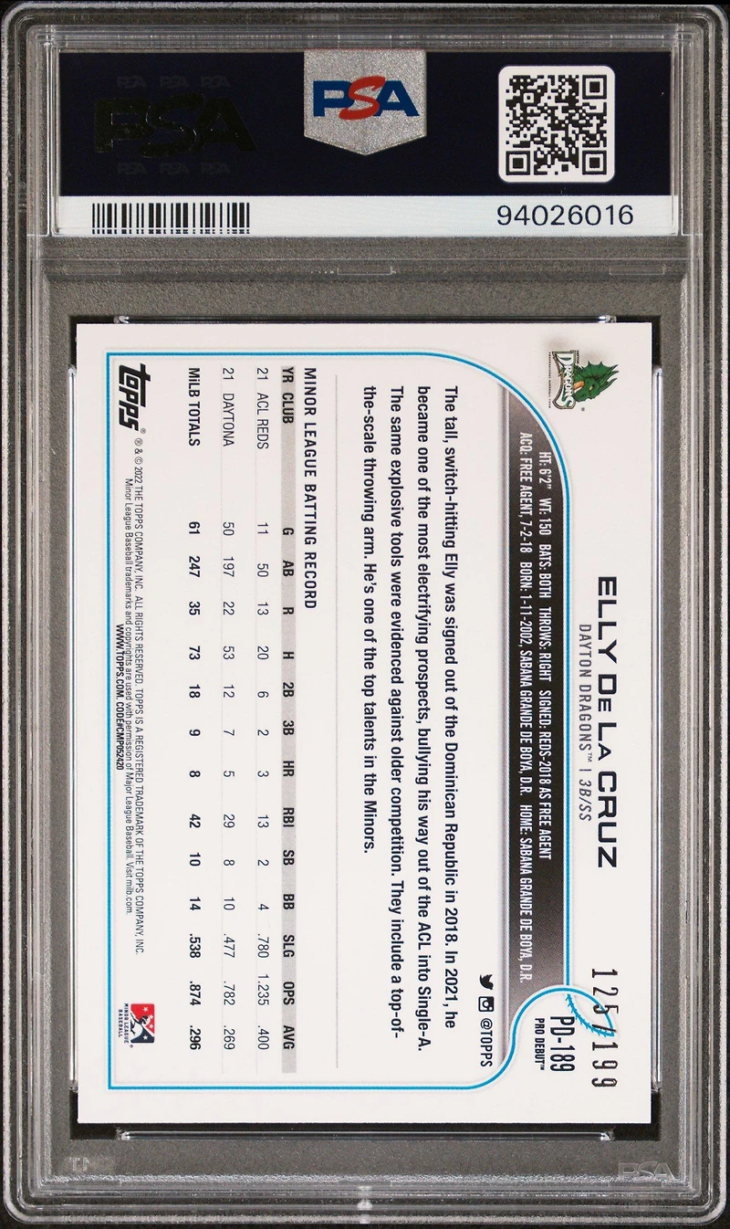 2022 Topps Pro Debut Pd189 Elly De La Cruz Fuchsia PSA 9