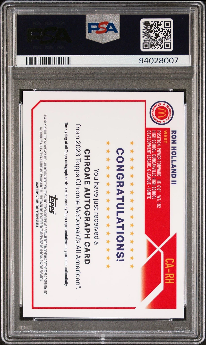 2023 Topps Chrome Mcdonald's All-american Autographs Rh Ron Holland Ii PSA 10