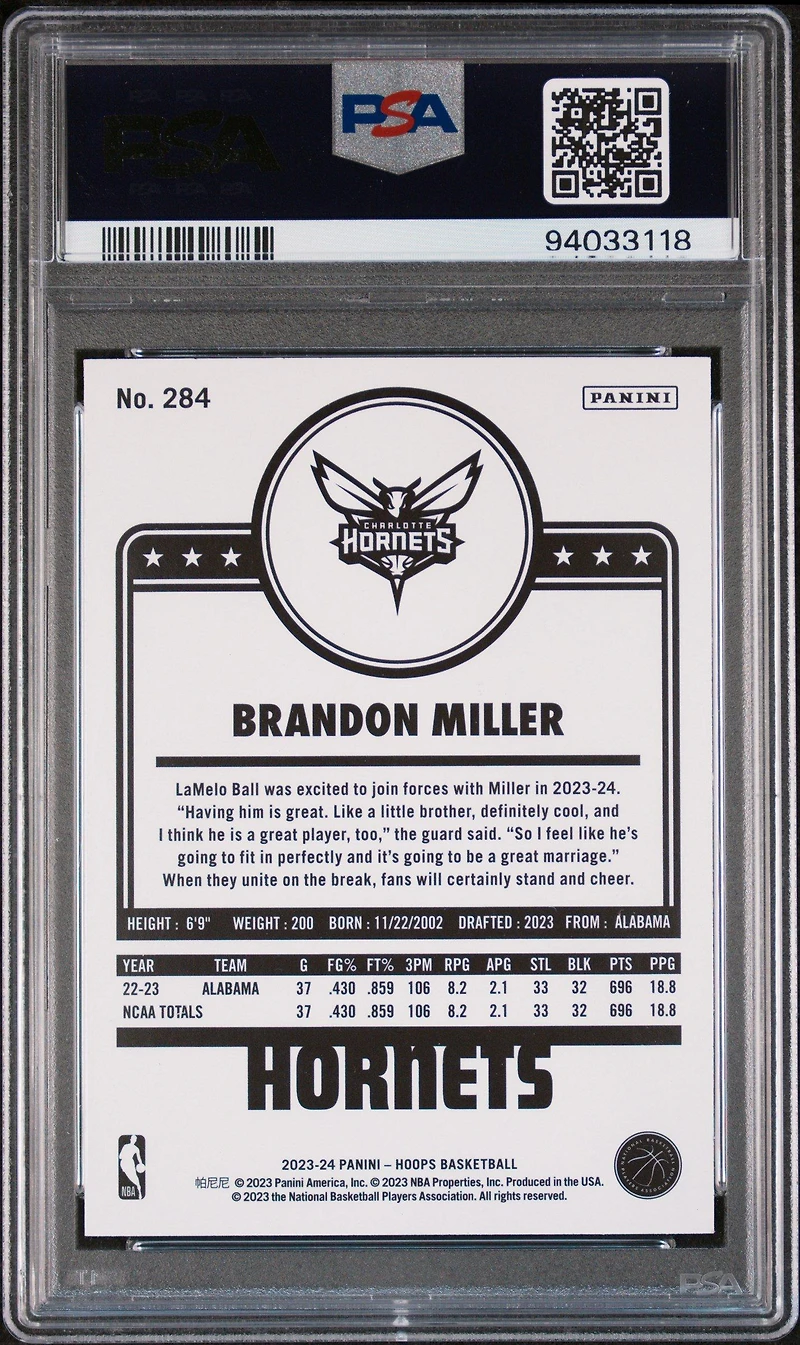 2023 Panini Nba Hoops 284 Brandon Miller Winter PSA 10