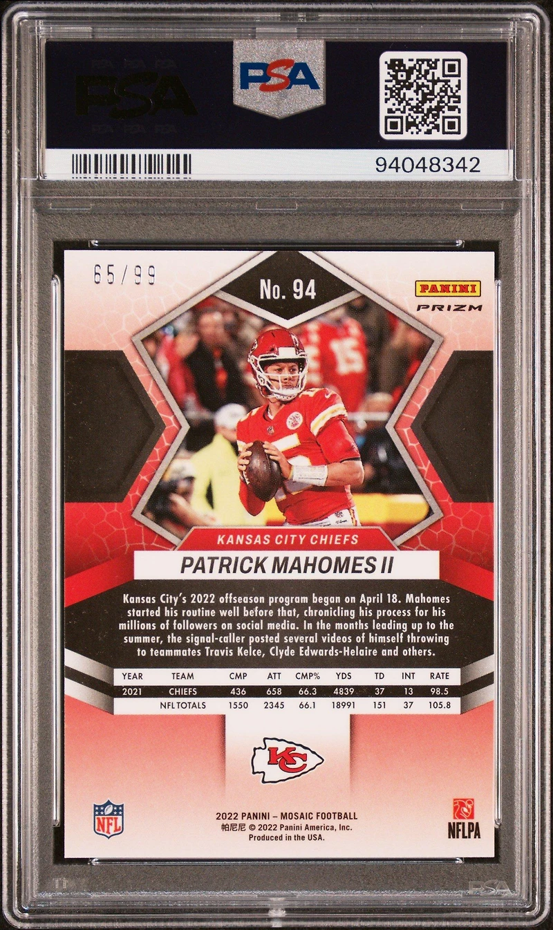 2022 Panini Mosaic 94 Patrick Mahomes Ii Blue Mosaic PSA 10