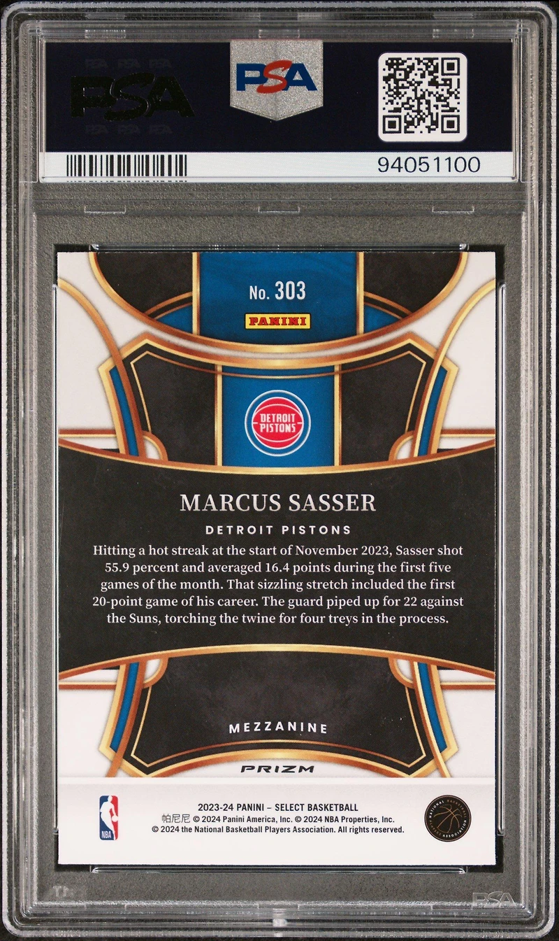 2023 Panini Select 303 Marcus Sasser Zebra Prizm PSA 10