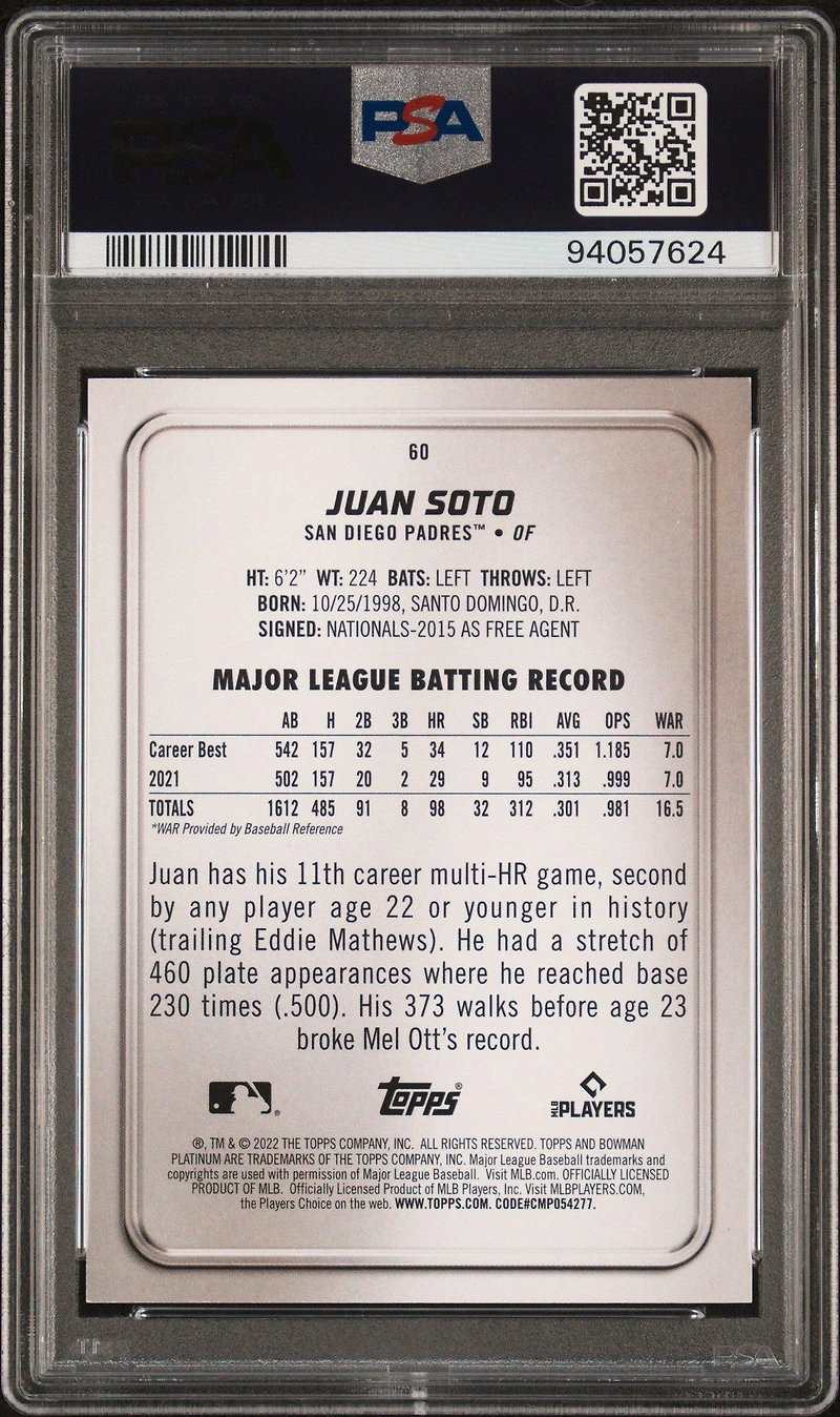 2022 Bowman Platinum 60 Juan Soto Emerald Ice Foilboard PSA 8