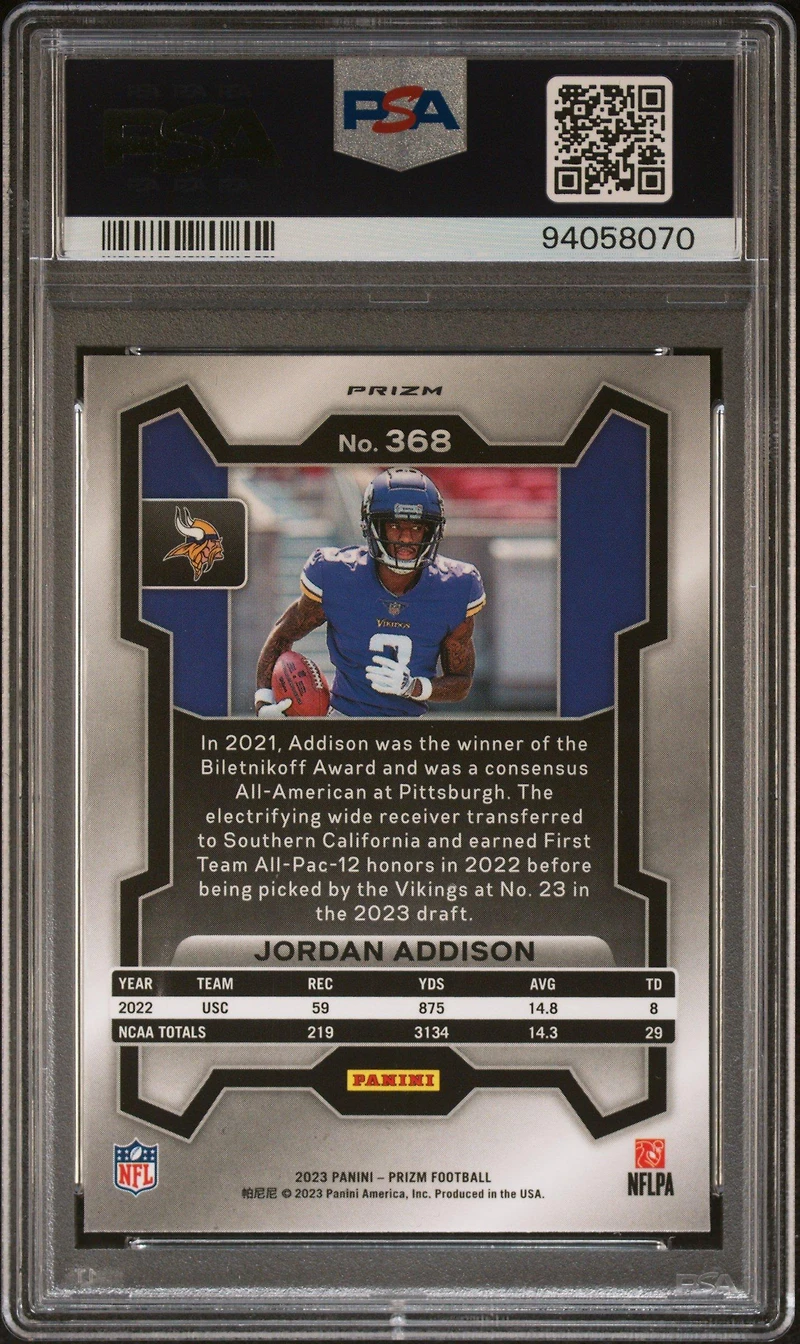 2023 Panini Prizm 368 Jordan Addison Black & White Checker PSA 10
