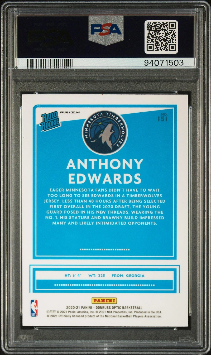 2020 Panini Donruss Optic 151 Anthony Edwards Choice PSA 10