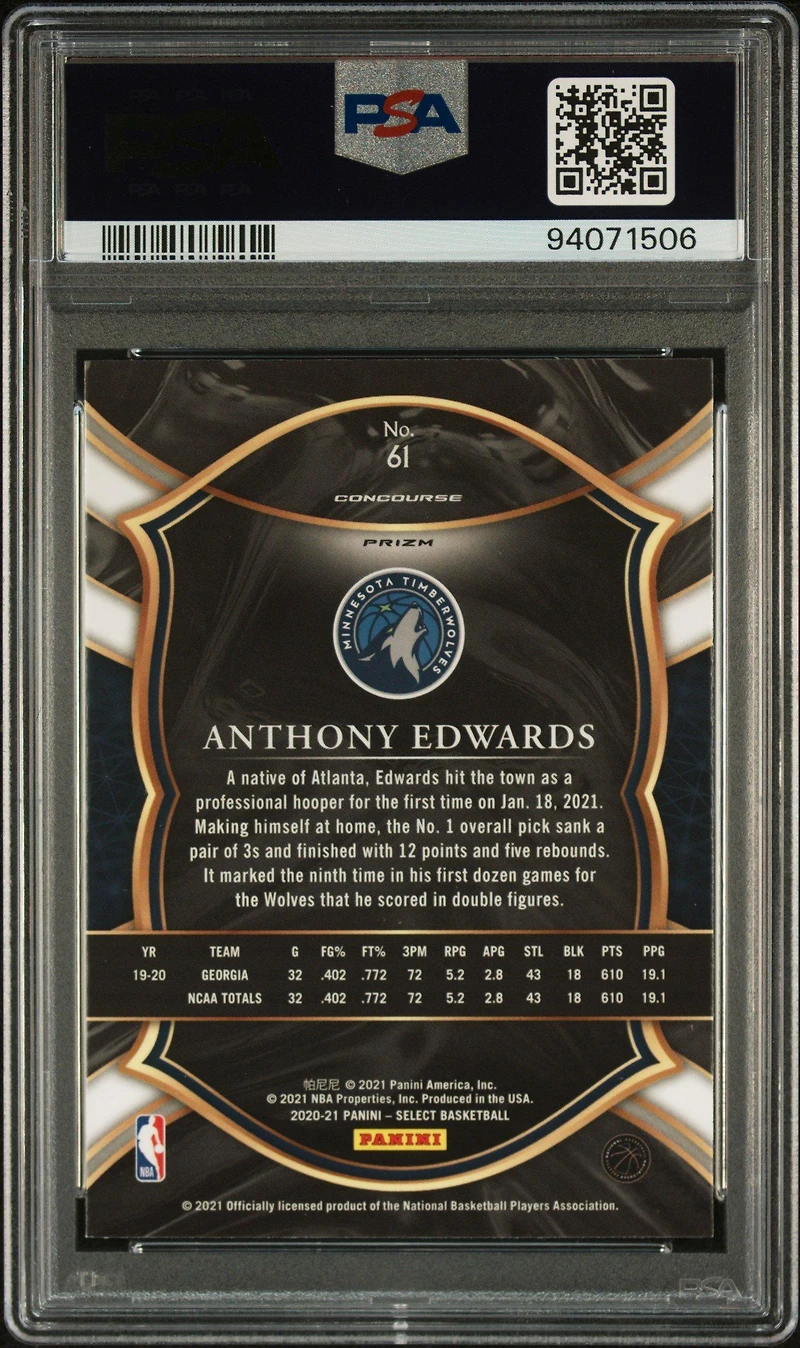 2020 Panini Select 61 Anthony Edwards Red/white/green Cracked Ice PSA 10