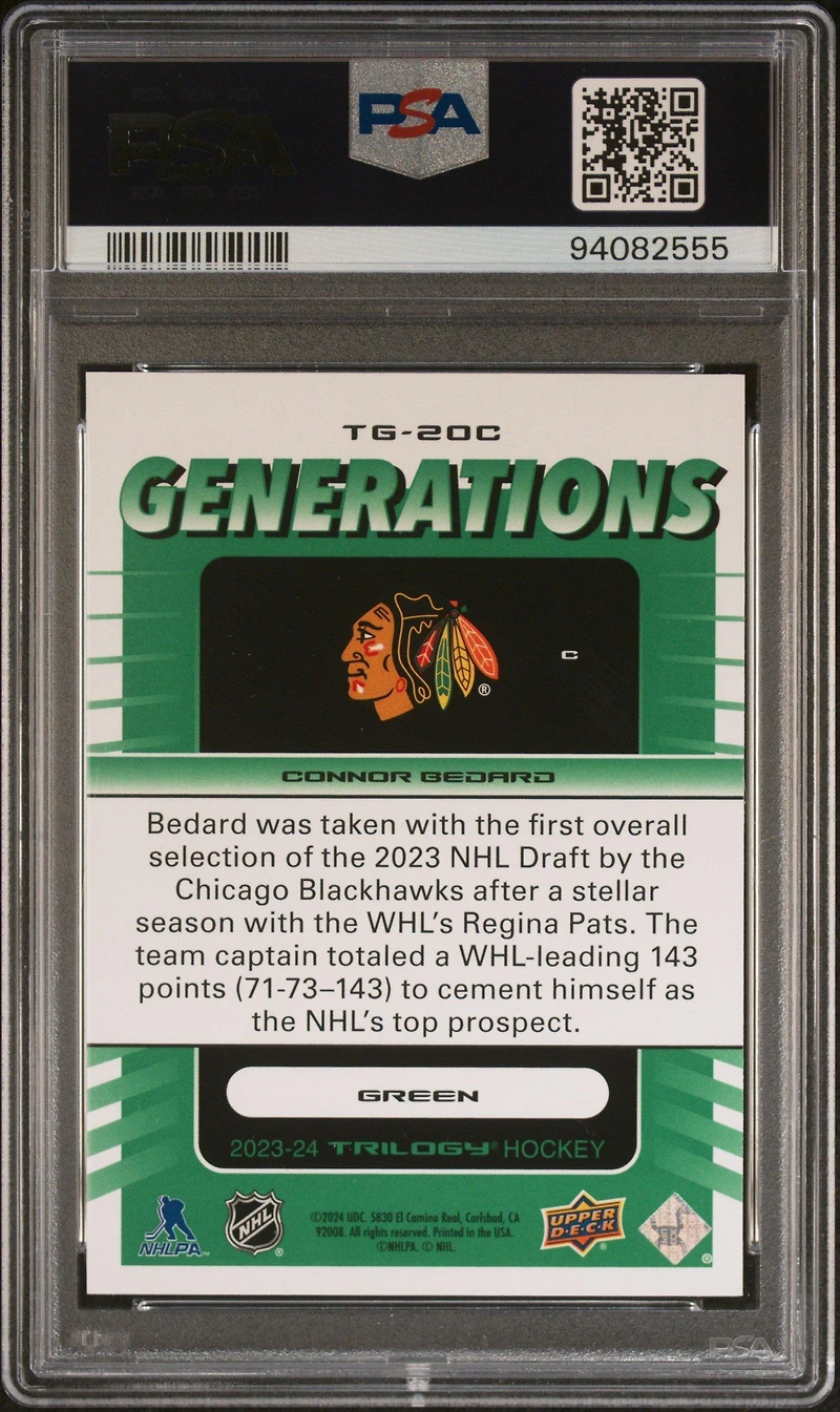 2023 Upper Deck Trilogy Generations Tg20c Connor Bedard Green PSA 9