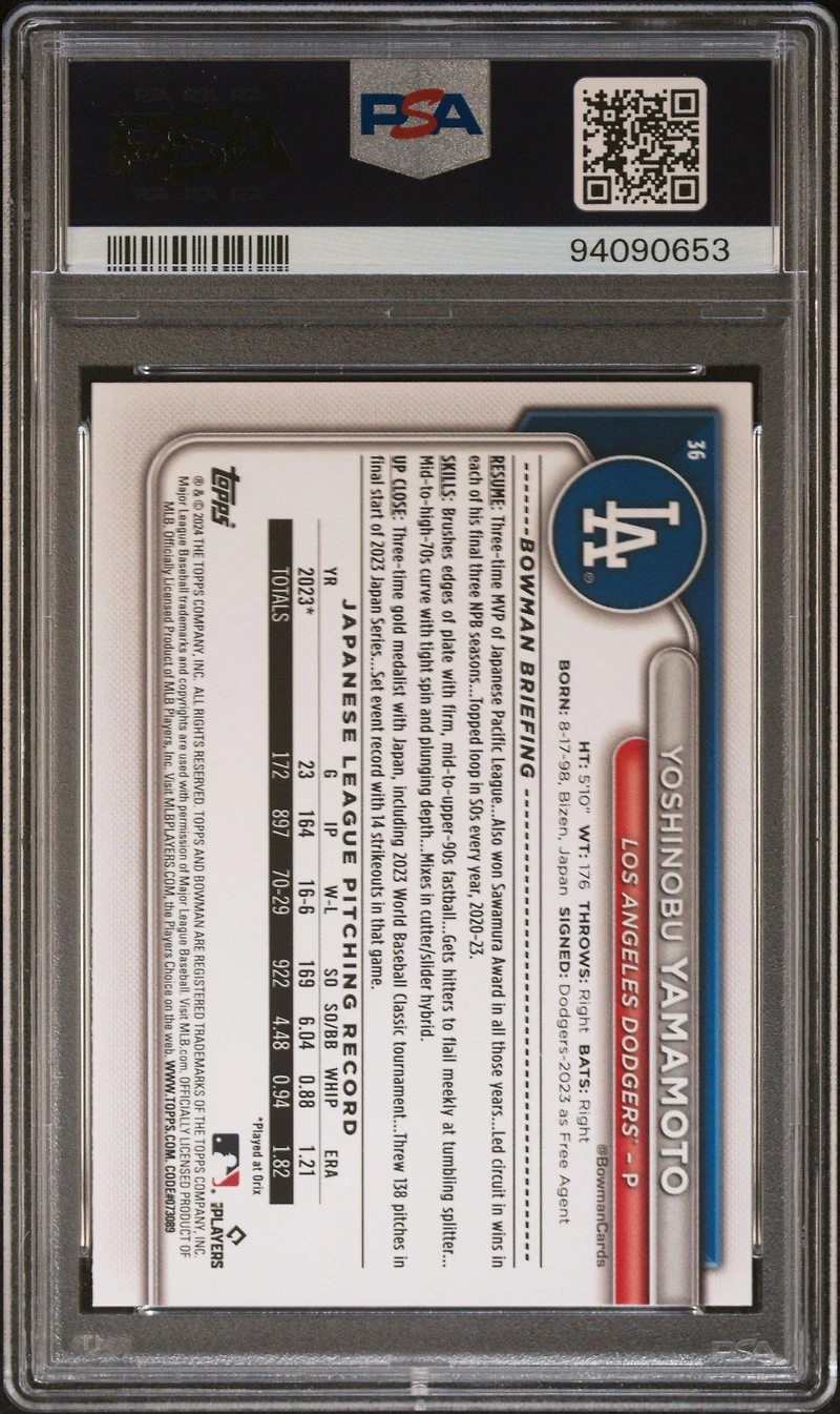 2024 Bowman 36 Yoshinobu Yamamoto Green Pattern PSA 9