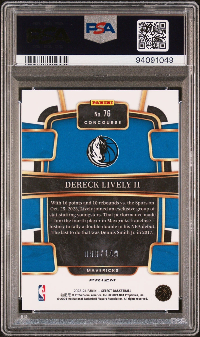 2023 Panini Select 76 Dereck Lively Ii White Prizm PSA 10