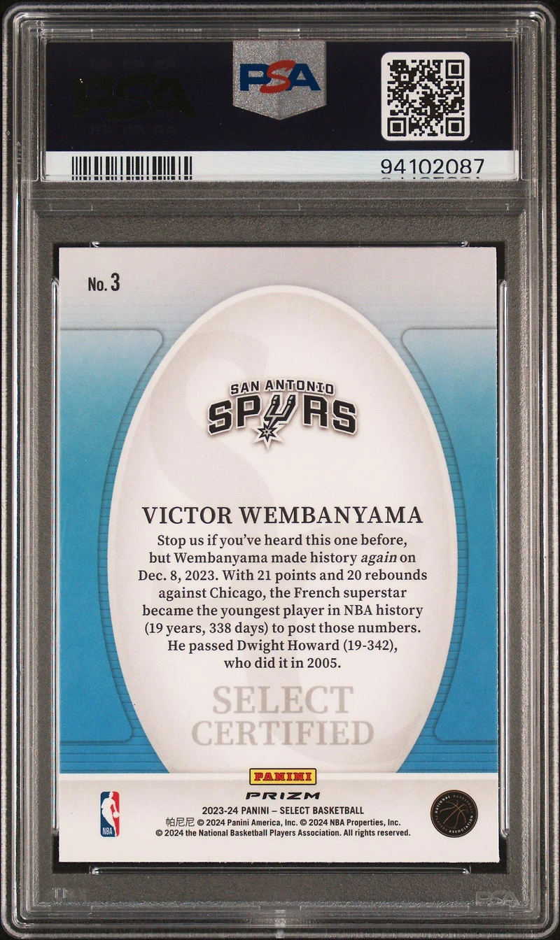 2023 Panini Select Select Certified 3 Victor Wembanyama Tectonic Prizm PSA
