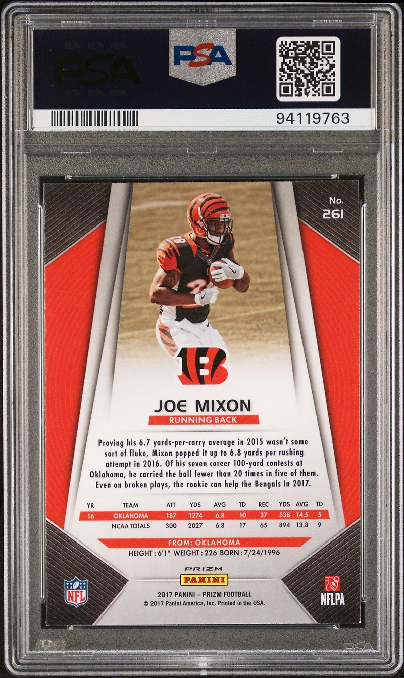 2017 Panini Prizm 261 Joe Mixon Prizm PSA 9