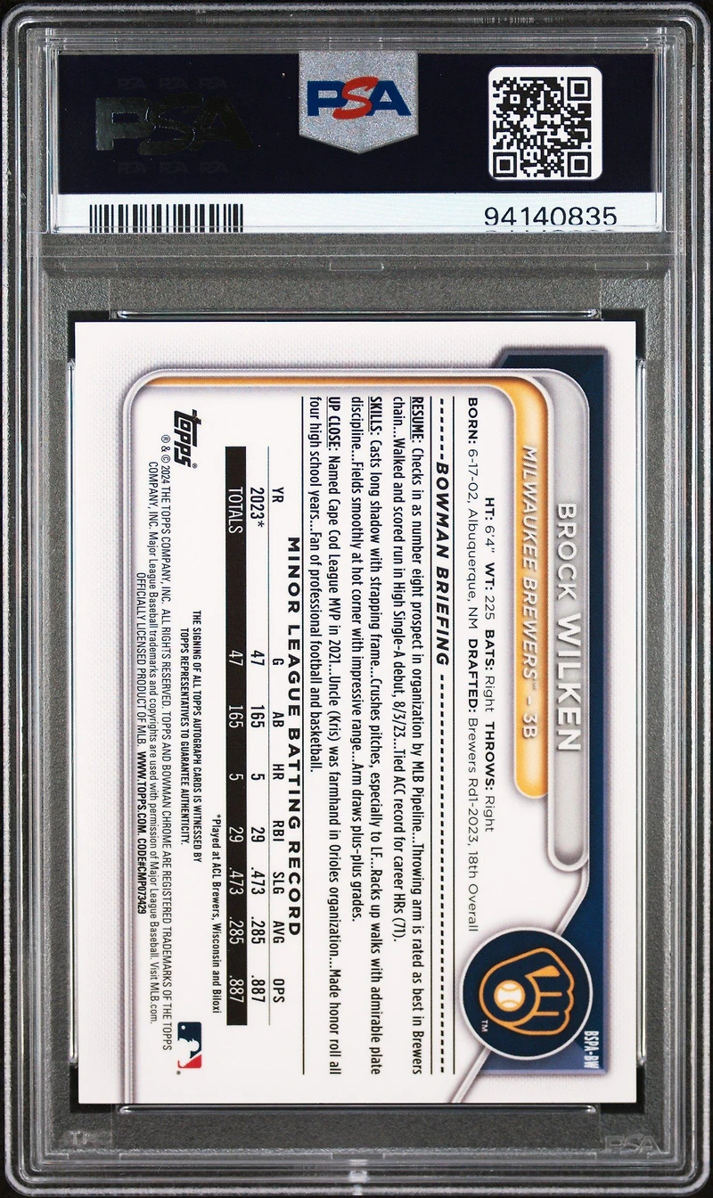 2024 Bowman Sapphire Edition Chrome Prospects Sapphire Autographs Bw Brock Wilken Green PSA 10