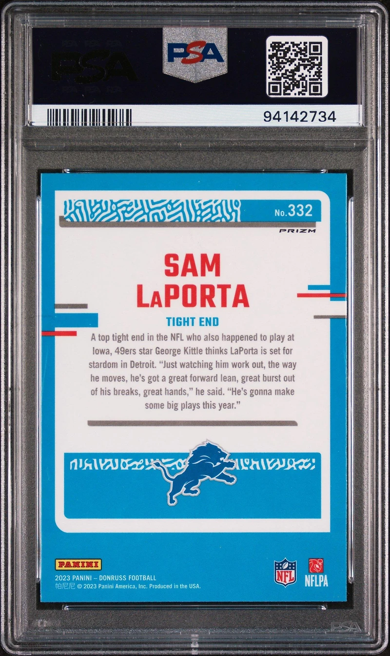 2023 Panini Donruss 332 Sam Laporta Optic Preview-green Velocity PSA 10