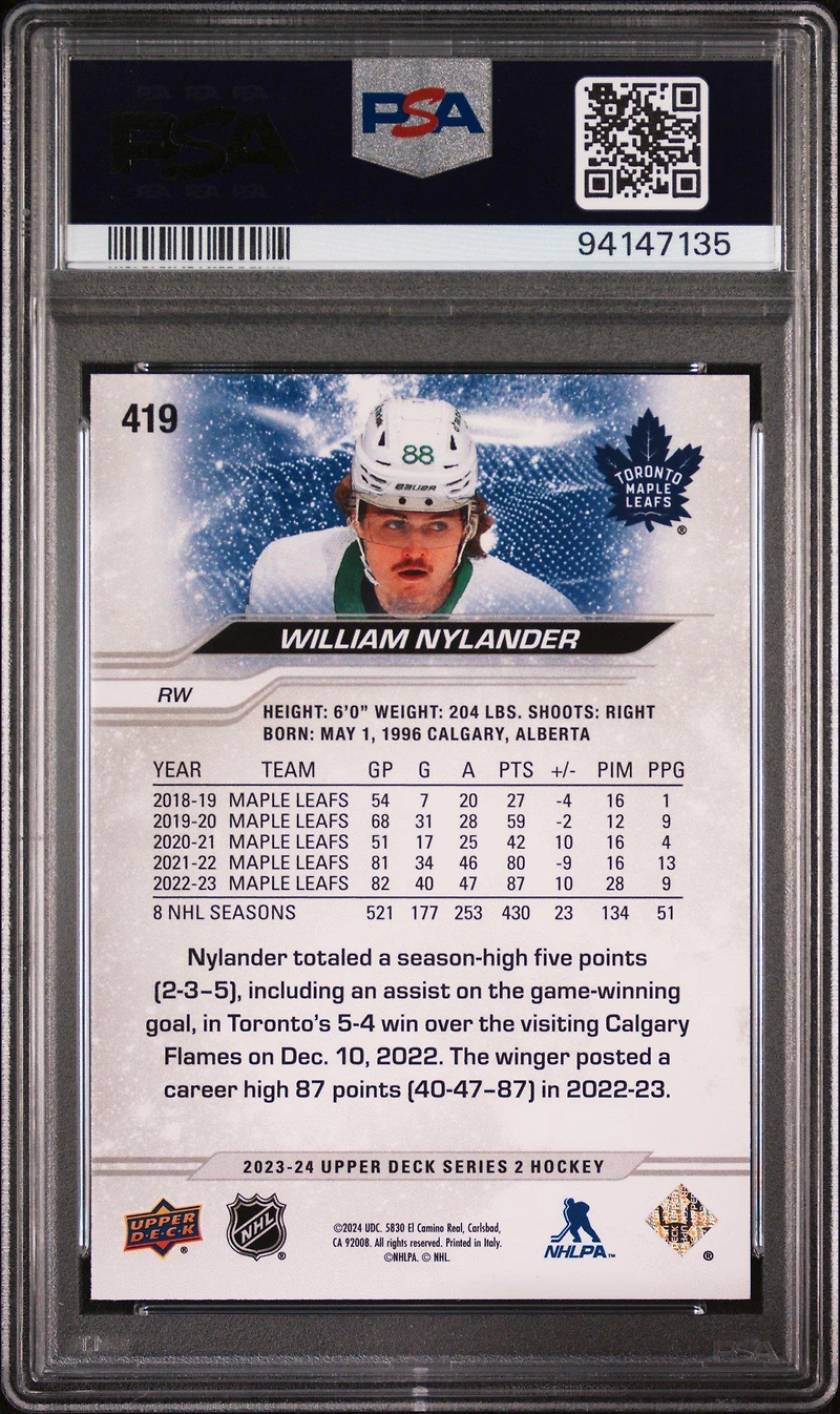 2023 Upper Deck 419 William Nylander Outburst PSA 10