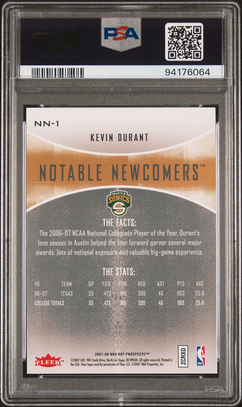 2007 Fleer Hot Prospects Notable Newcomers Nn-1 Kevin Durant PSA 10