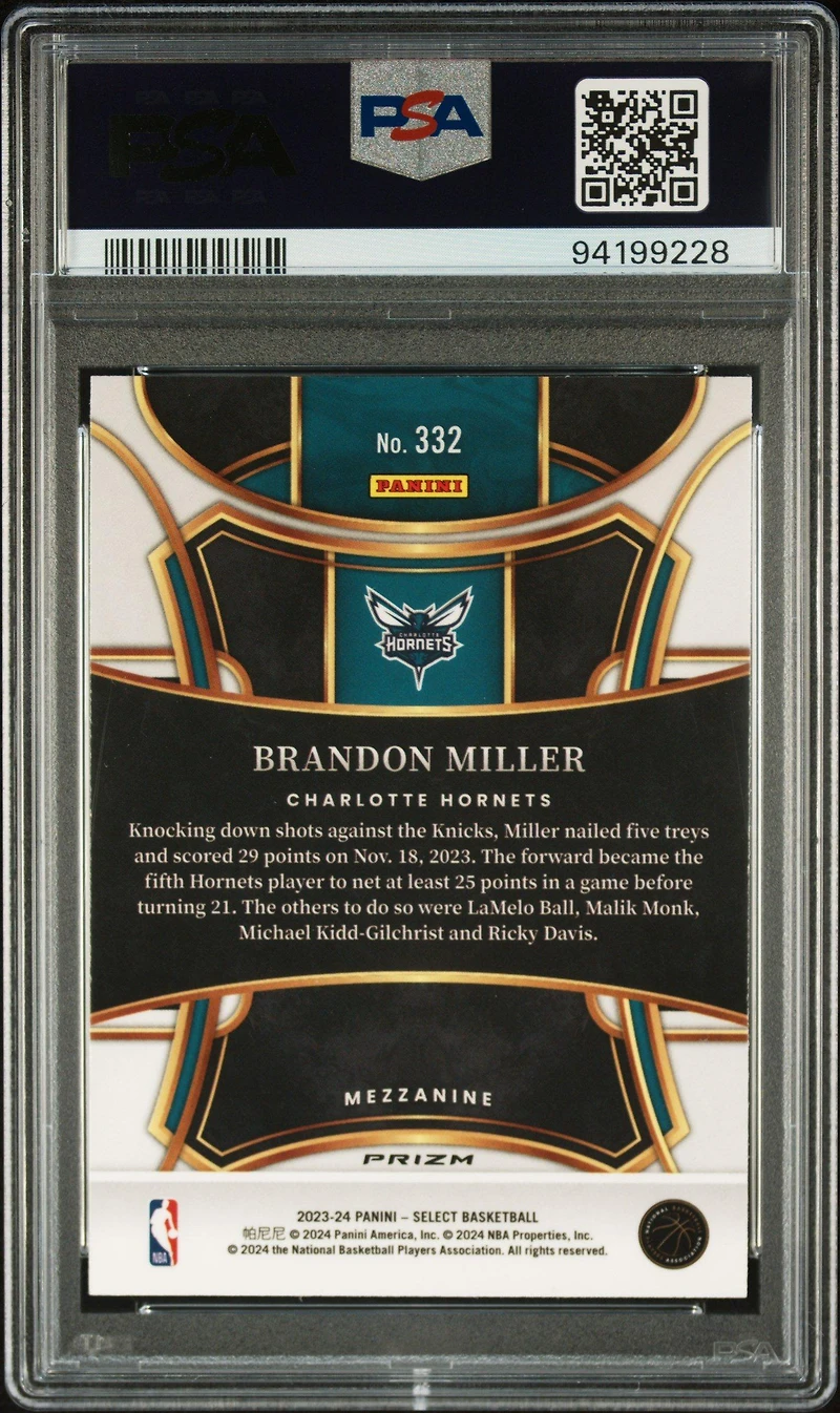 2023 Panini Select 332 Brandon Miller Silver Prizm PSA 10