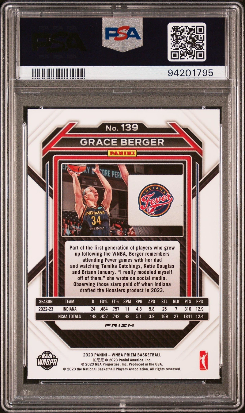 2023 Panini Prizm Wnba 139 Grace Berger Ruby Wave PSA 10