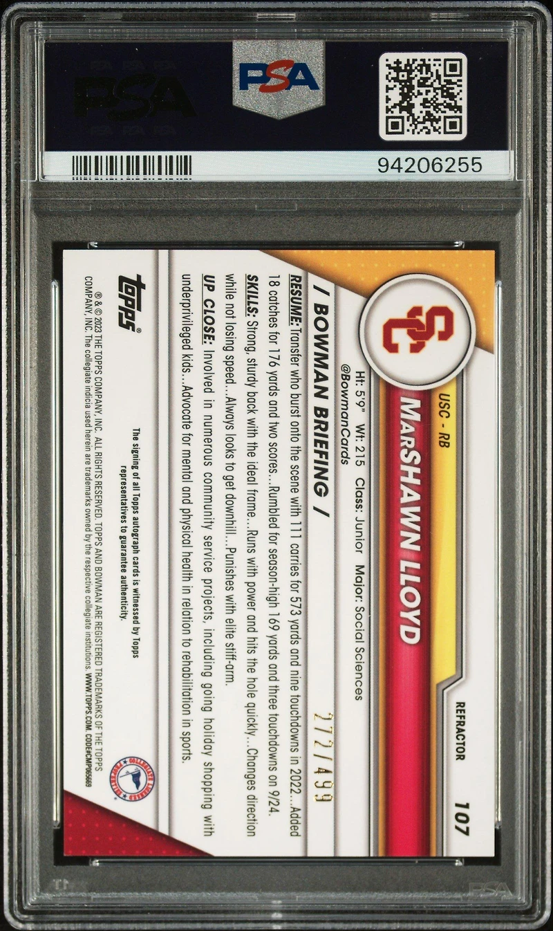 2023 Bowman University Chrome 107 Marshawn Lloyd Autograph-refractor PSA 10
