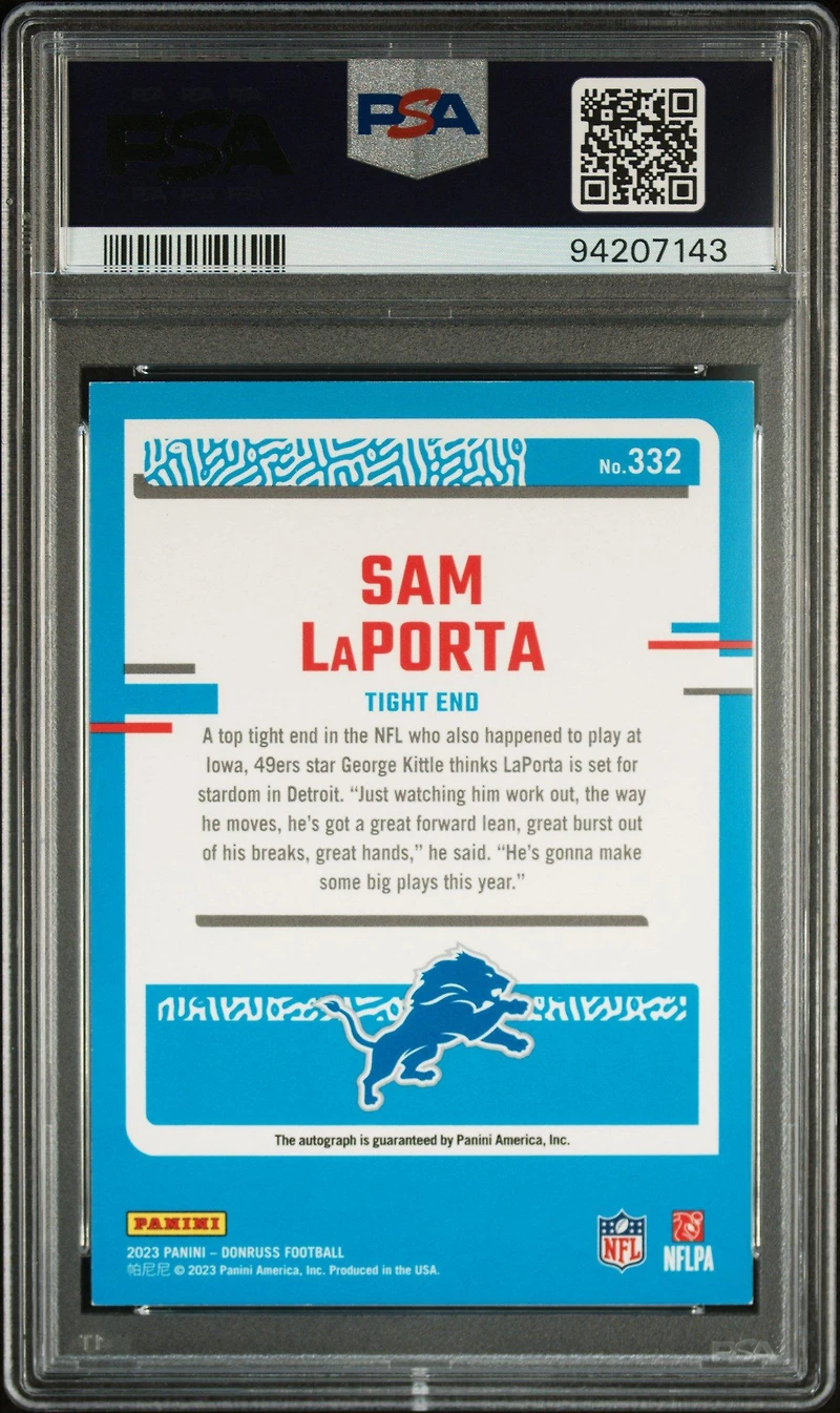 2023 Panini Donruss 332 Sam Laporta Autograph-green PSA 9