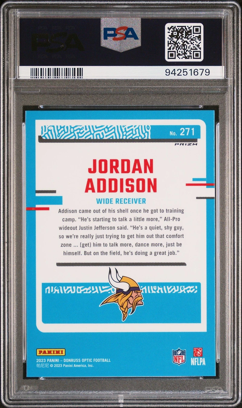 2023 Panini Donruss Optic 271 Jordan Addison Blue Glitter PSA 10