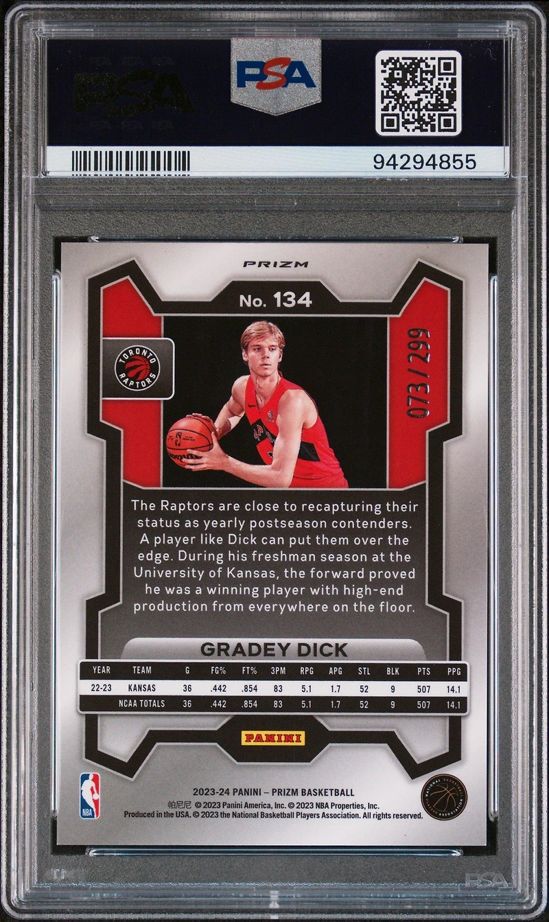 2023 Panini Prizm 134 Gradey Dick Red Seismic PSA 10