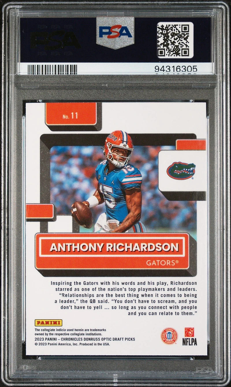 2023 Panini Chronicles Draft Picks Donruss Optic 11 Anthony Richardson PSA 10