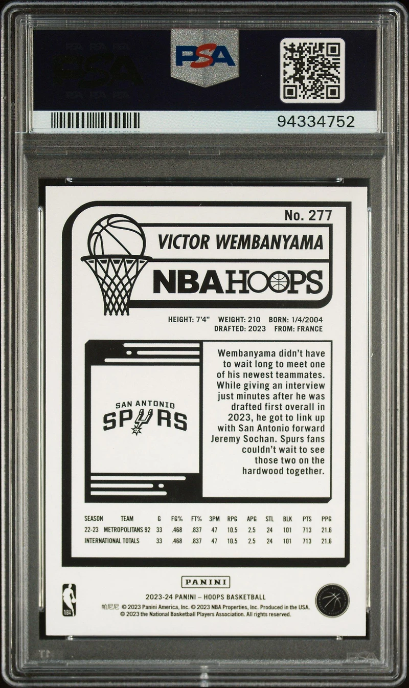 2023 Panini Nba Hoops Victor Wembanyama Hyper Blue PSA 10