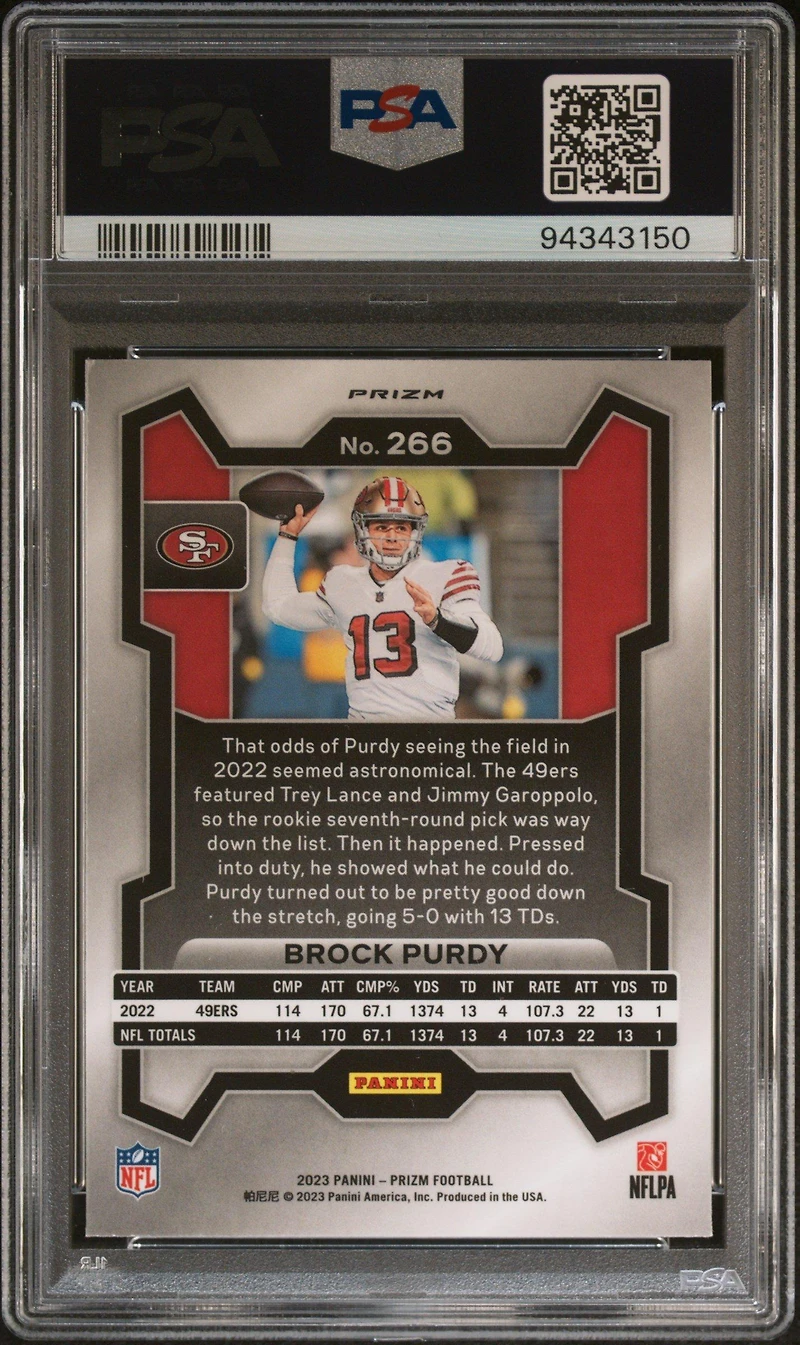 2023 Panini Prizm 266 Brock Purdy Orange Ice PSA 9