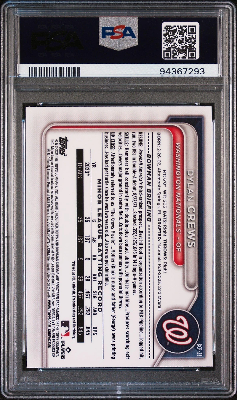 2024 Bowman Mega Box Chrome Prospects 23 Dylan Crews PSA 10