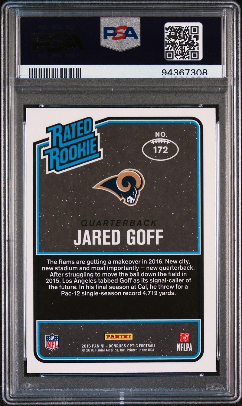 2016 Panini Donruss Optic 172 Jared Goff Purple PSA 10