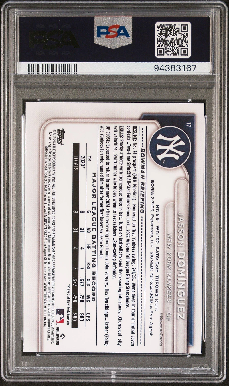 2024 Bowman Mega Box Chrome 17 Jasson Dominguez PSA 10