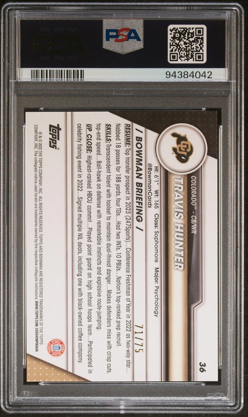 2023 Bowman University Chrome 36 Travis Hunter Yellow Refractor PSA 10