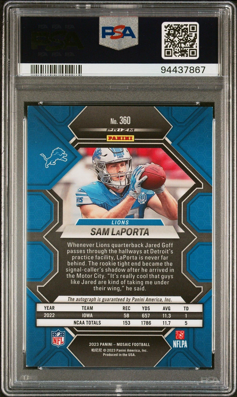 2023 Panini Mosaic 360 Sam Laporta Autograph-fusion Red & Yellow Choice PSA 9