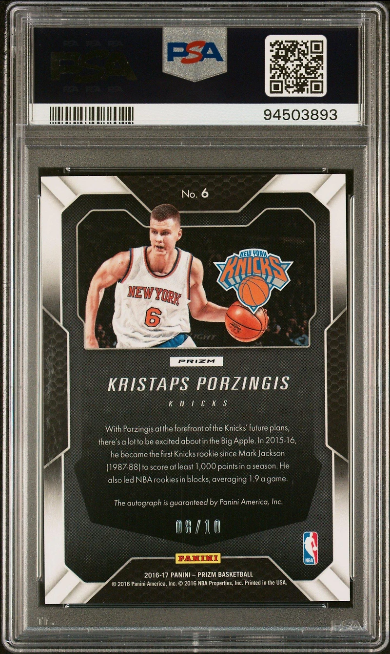 2016 Panini Prizm Veteran Signatures 6 Kristaps Porzingis Hyper Prizm PSA 10