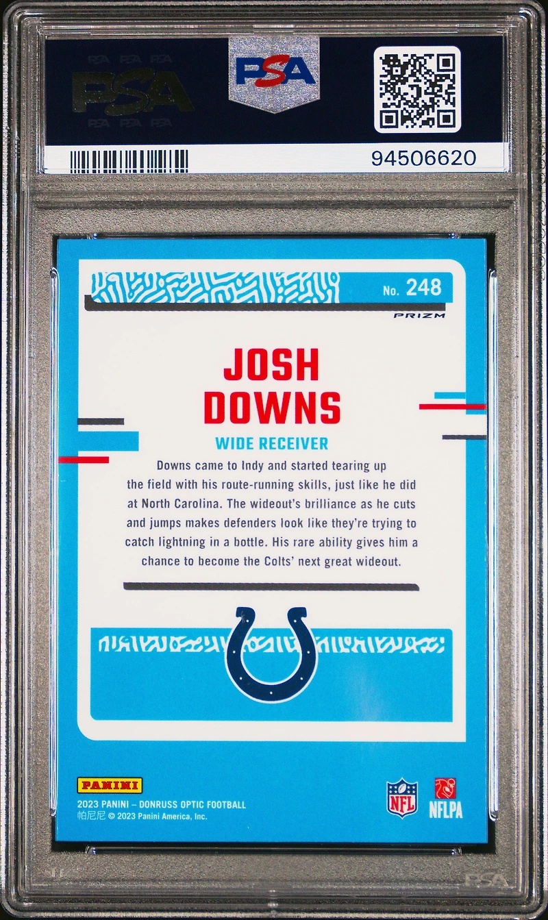 2023 Panini Donruss Optic 248 Josh Downs Blue Glitter PSA 10