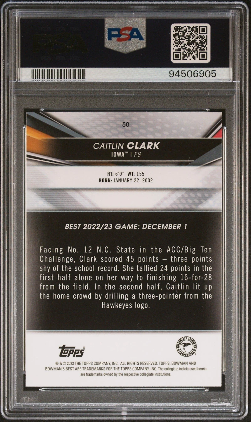 2022 Bowman University Best 50 Caitlin Clark PSA 9