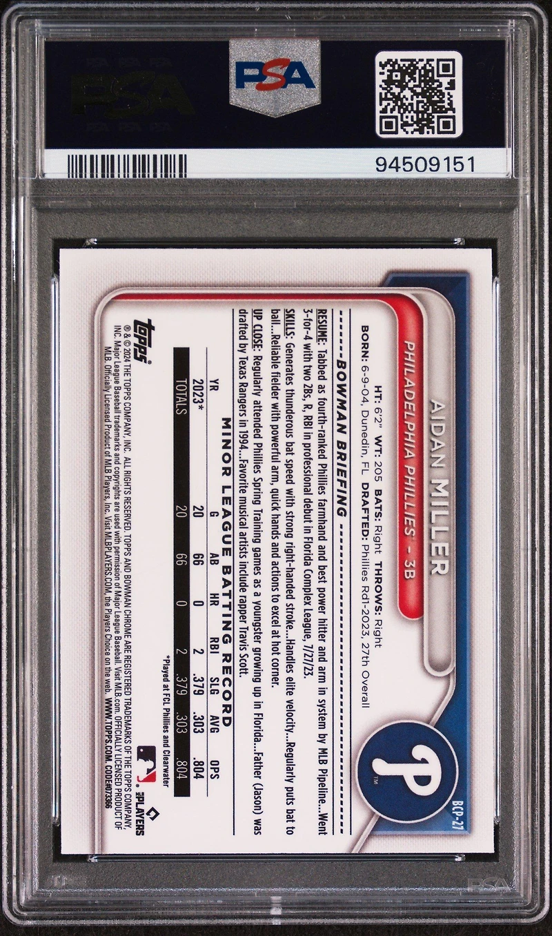 2024 Bowman Mega Box Chrome Prospects 27 Aidan Miller Purple PSA 9