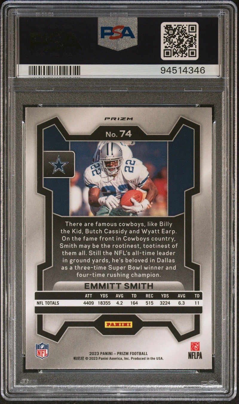 2023 Panini Prizm 74 Emmitt Smith Black & White Checker PSA 10