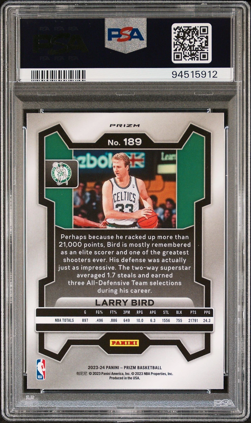 2023 Panini Prizm 189 Larry Bird Green Prizm PSA 10