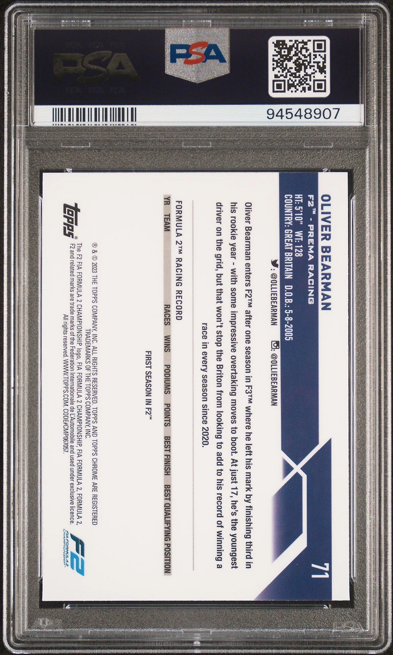 2023 Topps Chrome Formula 1 Sapphire Edition 71 Oliver Bearman Aqua PSA 10