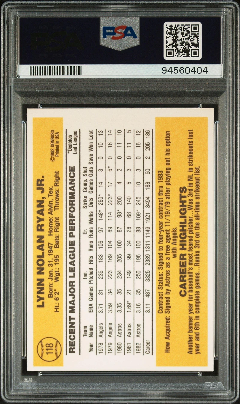 1983 Donruss 118 Nolan Ryan PSA 10