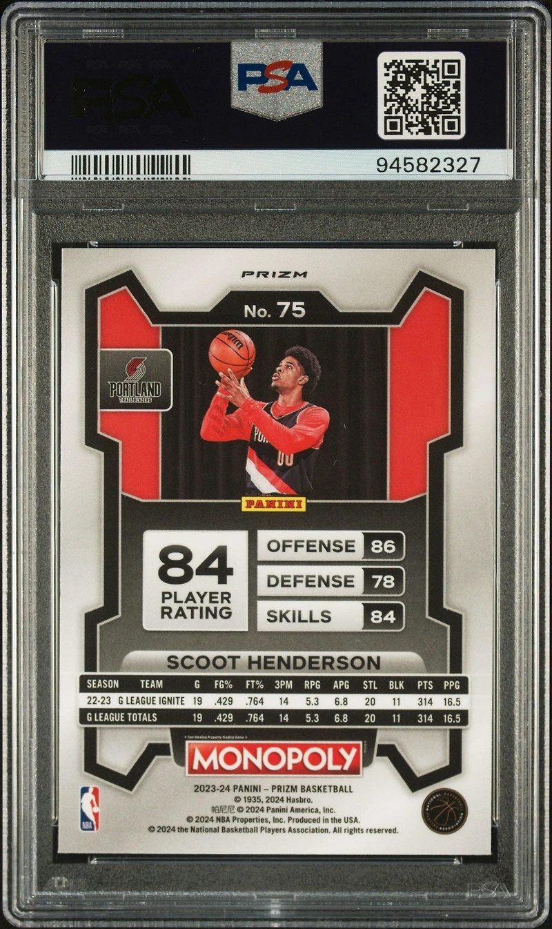 2023 Panini Prizm Monopoly 75 Scoot Henderson Purple PSA 10