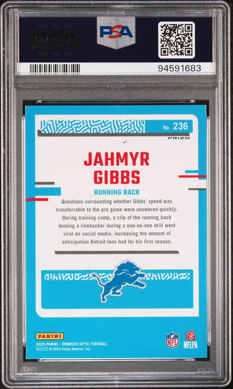 2023 Panini Donruss Optic 236 Jahmyr Gibbs Blue Hyper PSA 10