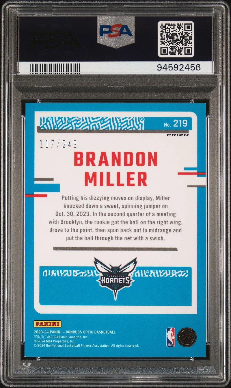 2023 Panini Donruss Optic 219 Brandon Miller Blue Seismic PSA 9