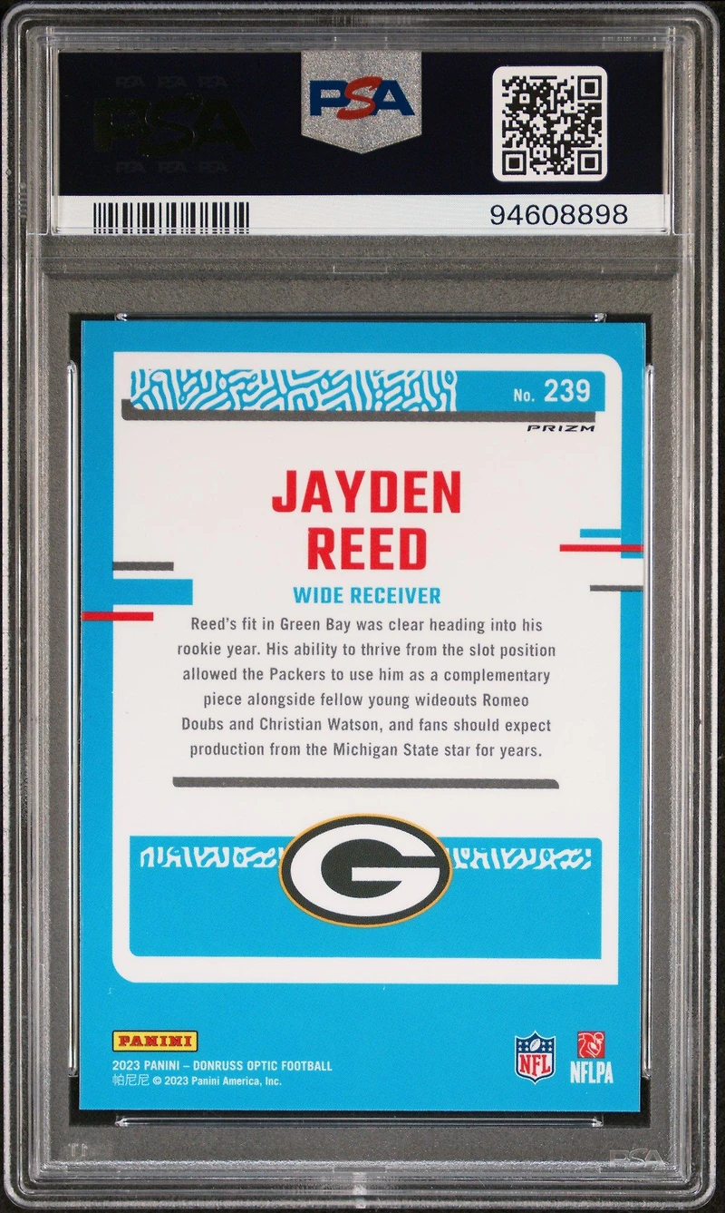 2023 Panini Donruss Optic 239 Jayden Reed Blue Hyper PSA 10