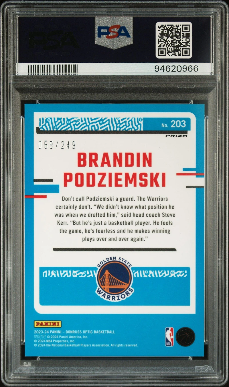 2023 Panini Donruss Optic 203 Brandin Podziemski Blue Seismic PSA 10